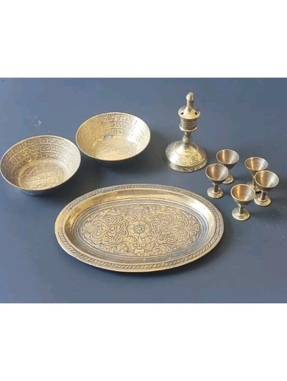 Incense Holder Miniature Turkish Brass Style Goblets Embossed Tea Tray Set Metal